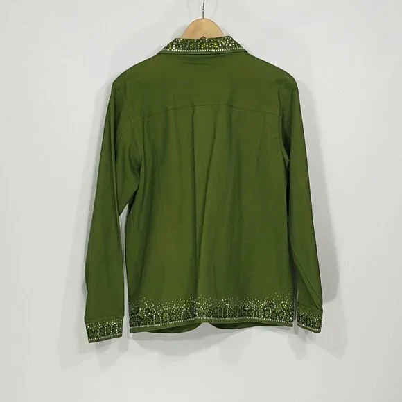 Quacker Factory  Olive Green Jeweled Bedazzled Cotton Jacket  Women's Size M - Picture 2 of 3
